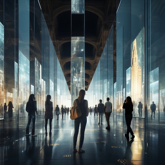 Futuristic, optimistic image of people walking through vast hall, floating screens moving with them