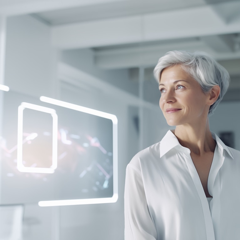 Futuristic image of woman scientist in digital data laboratory