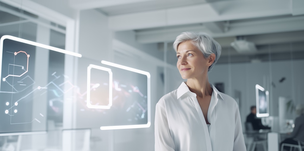 Futuristic image of woman scientist in digital data laboratory