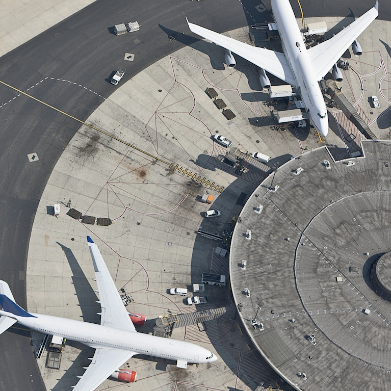 Aerial view of airport and runway