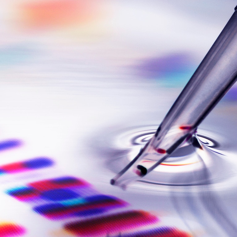 Pipette adding sample to petri dish with DNA profiles