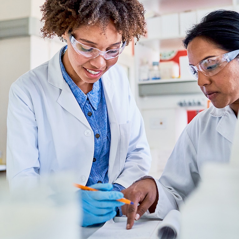 Two scientists standing in a lab and going over data in a notebook