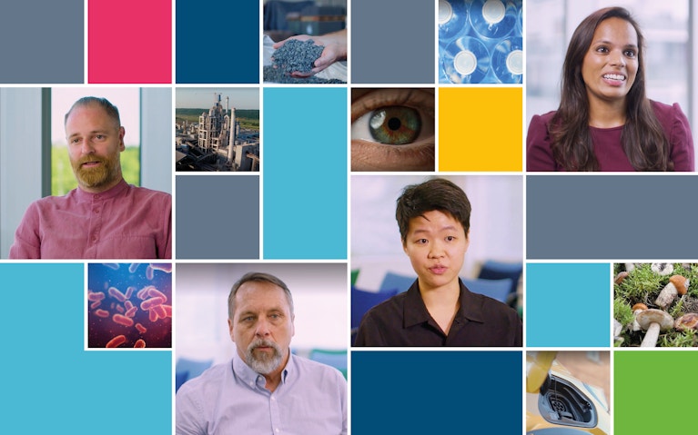 Grid of images showing experts talking and examples of innovative technologies like gene modification and bio-based materials