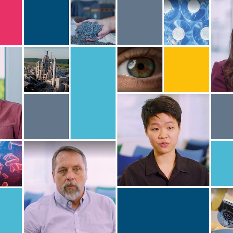 Grid of images showing experts talking and examples of innovative technologies like gene modification and bio-based materials