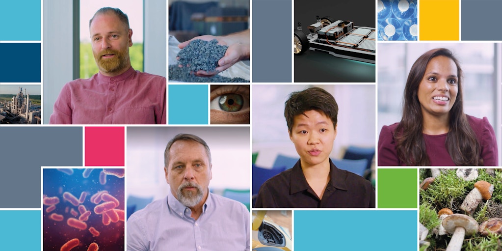 Grid of images showing experts talking and examples of innovative technologies like gene modification and bio-based materials